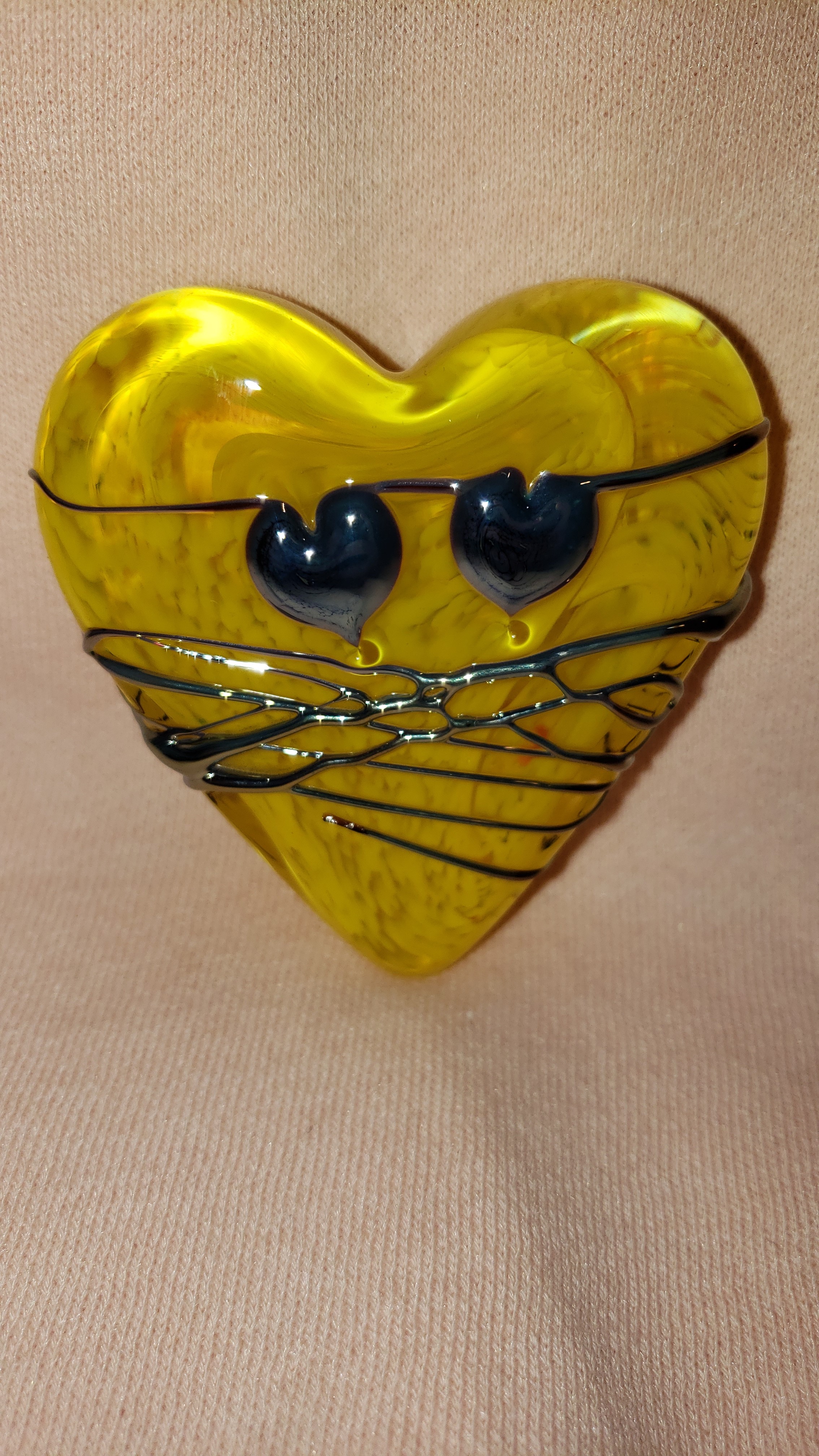Yellow Glass Heart Paperweight w/ Silver Drizzle & hearts - by David Salazar As Seen In...